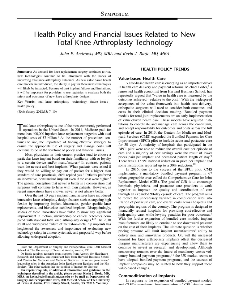 Health Policy and Financial Issues Related to New Total Knee Arthroplasty Technology